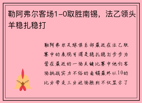 勒阿弗尔客场1-0取胜南锡，法乙领头羊稳扎稳打