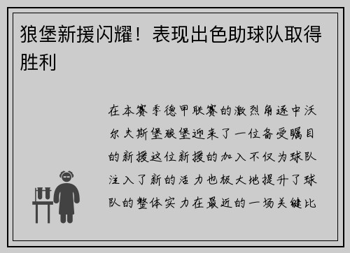 狼堡新援闪耀！表现出色助球队取得胜利