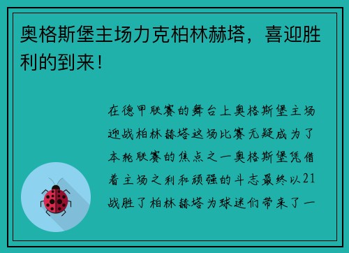 奥格斯堡主场力克柏林赫塔，喜迎胜利的到来！