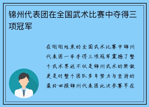 锦州代表团在全国武术比赛中夺得三项冠军