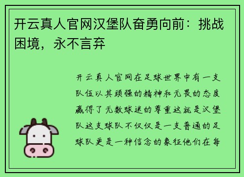 开云真人官网汉堡队奋勇向前：挑战困境，永不言弃