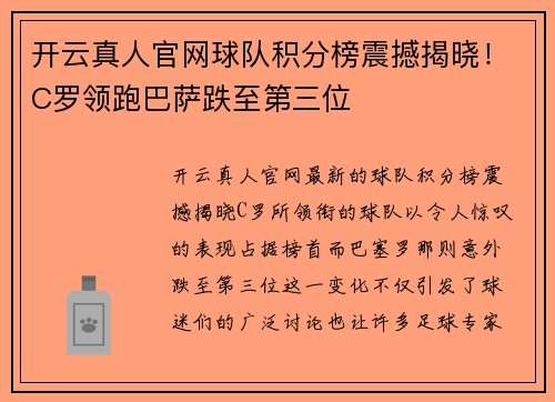 开云真人官网球队积分榜震撼揭晓！C罗领跑巴萨跌至第三位